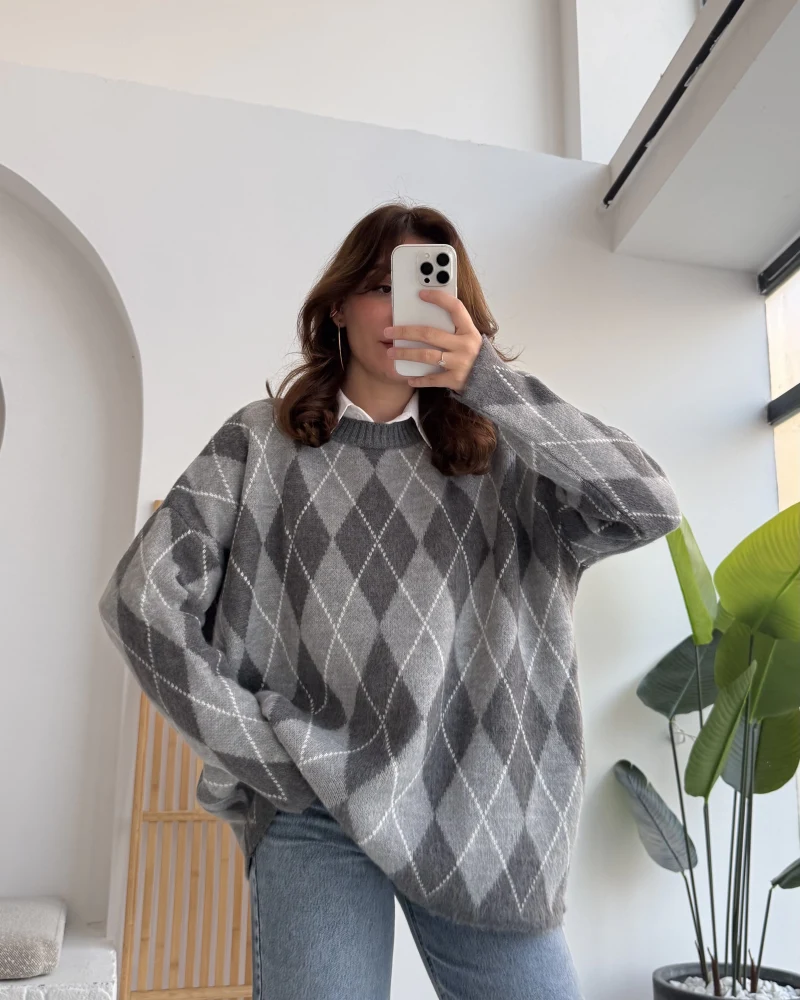 Bol Kesim Bisiklet Yaka Baklava Kazak - Gri-Antrasit