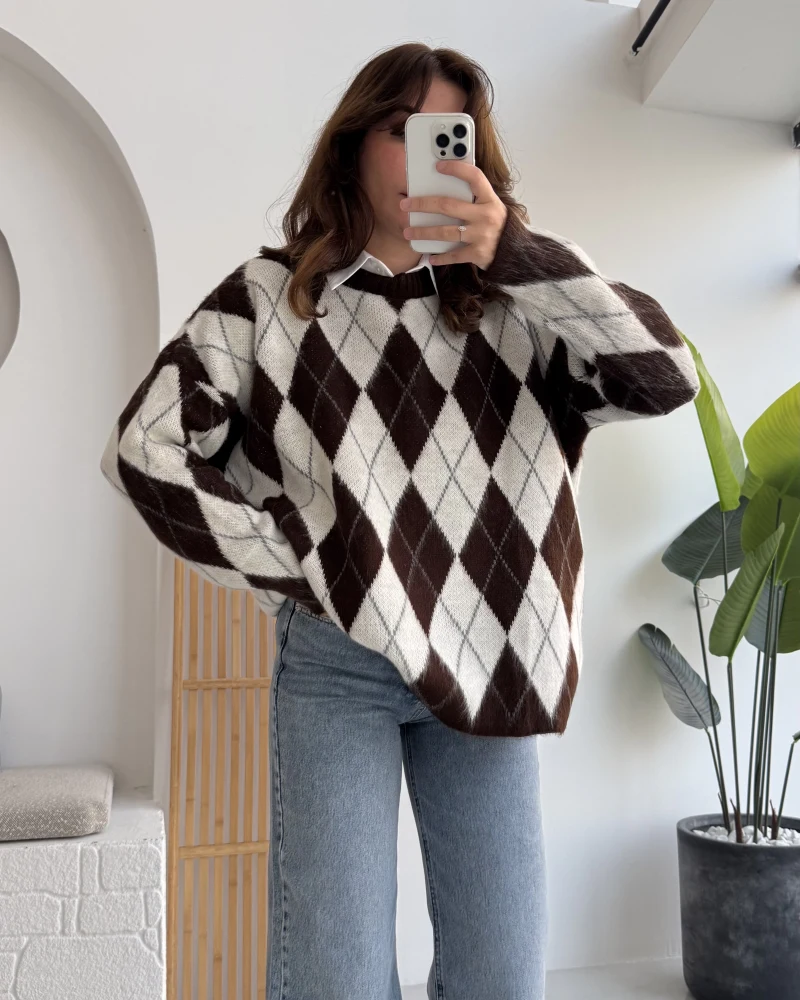 Bol Kesim Bisiklet Yaka Baklava Kazak - Kahve-Ekru