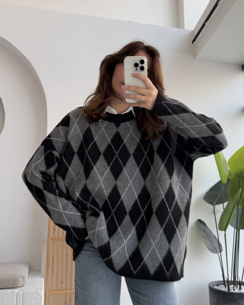 Bol Kesim Bisiklet Yaka Baklava Kazak - Siyah-Antrasit