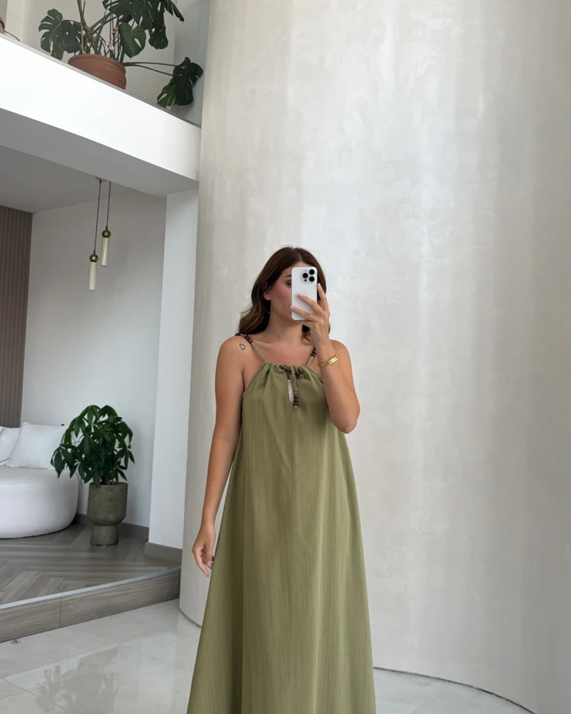 Boncuk Askılı Elbise - Çağla - Kod: 2239