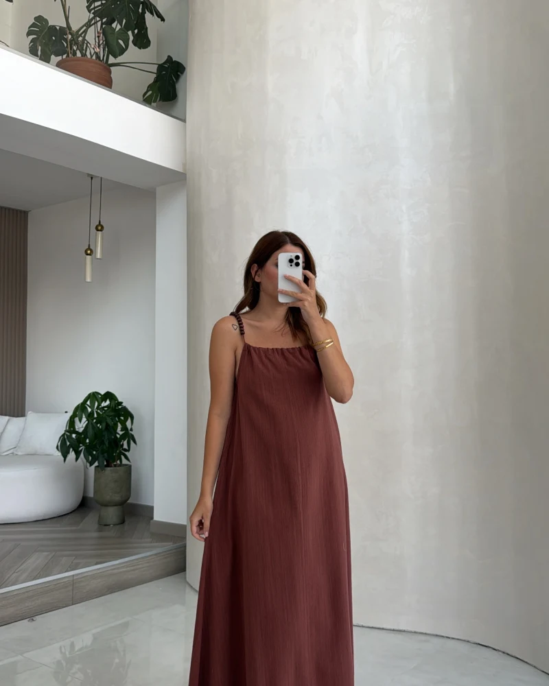 Boncuk Askılı Elbise - Kiremit - Kod: 2239