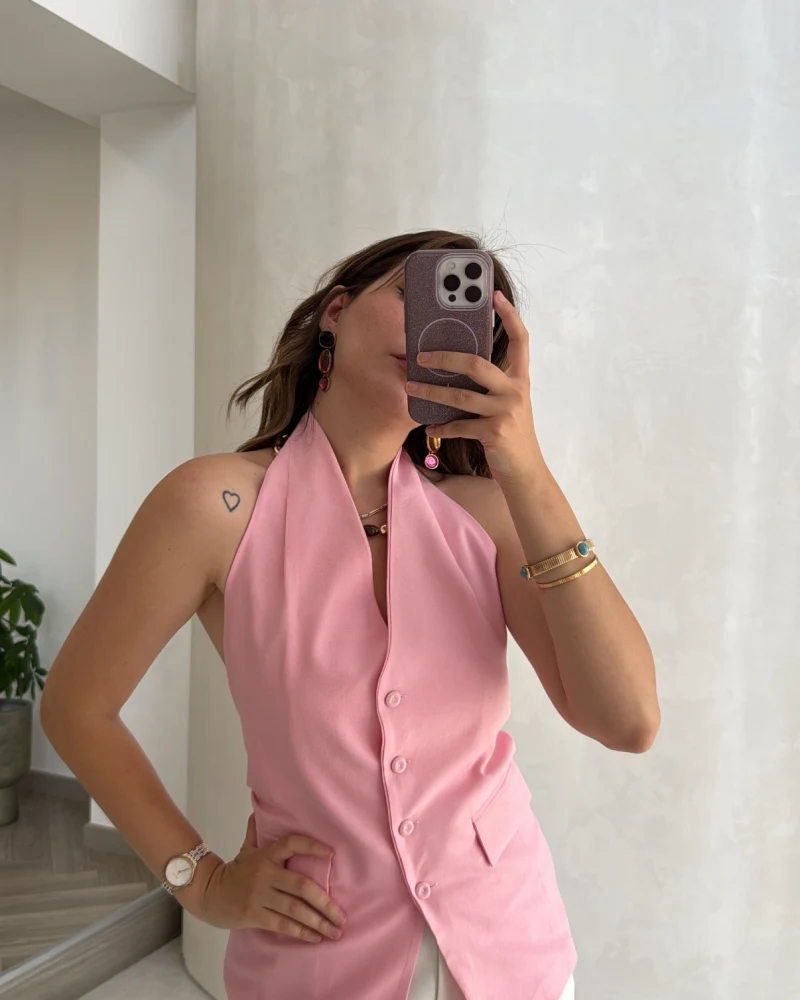Boyundan Geçmeli Düğmeli Yelek - Pembe - Kod: 580407