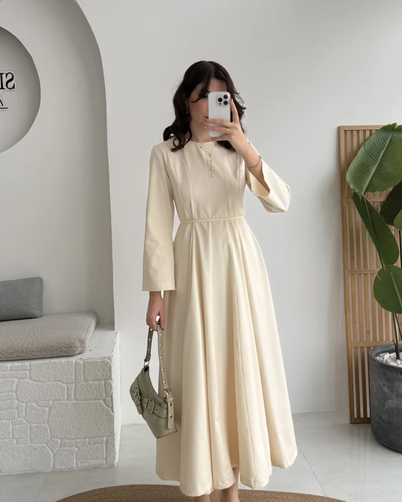 Brandy Kuşaklı Pens Detay Elbise - Ekru - Kod: 265011