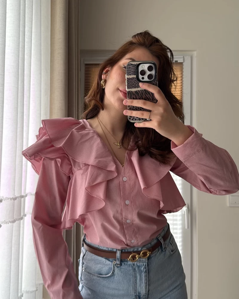 Bukle Fırfırlı Gömlek Pembe Düz