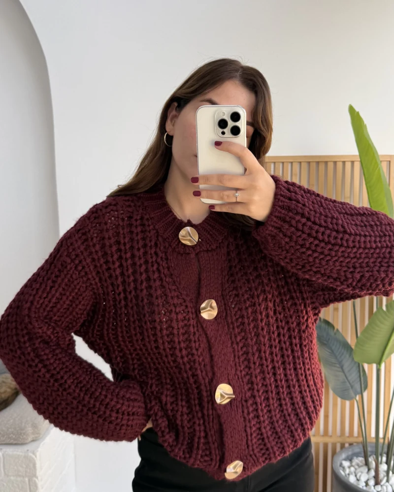 Büyük Düğmeli Örgü Hırka - Bordo