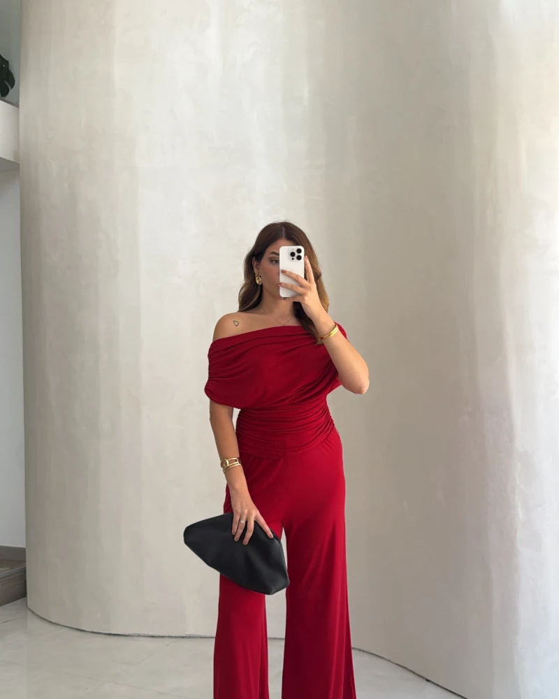 Büzgülü Bluz Pantolon Takım - Kırmızı - Kod: 905388