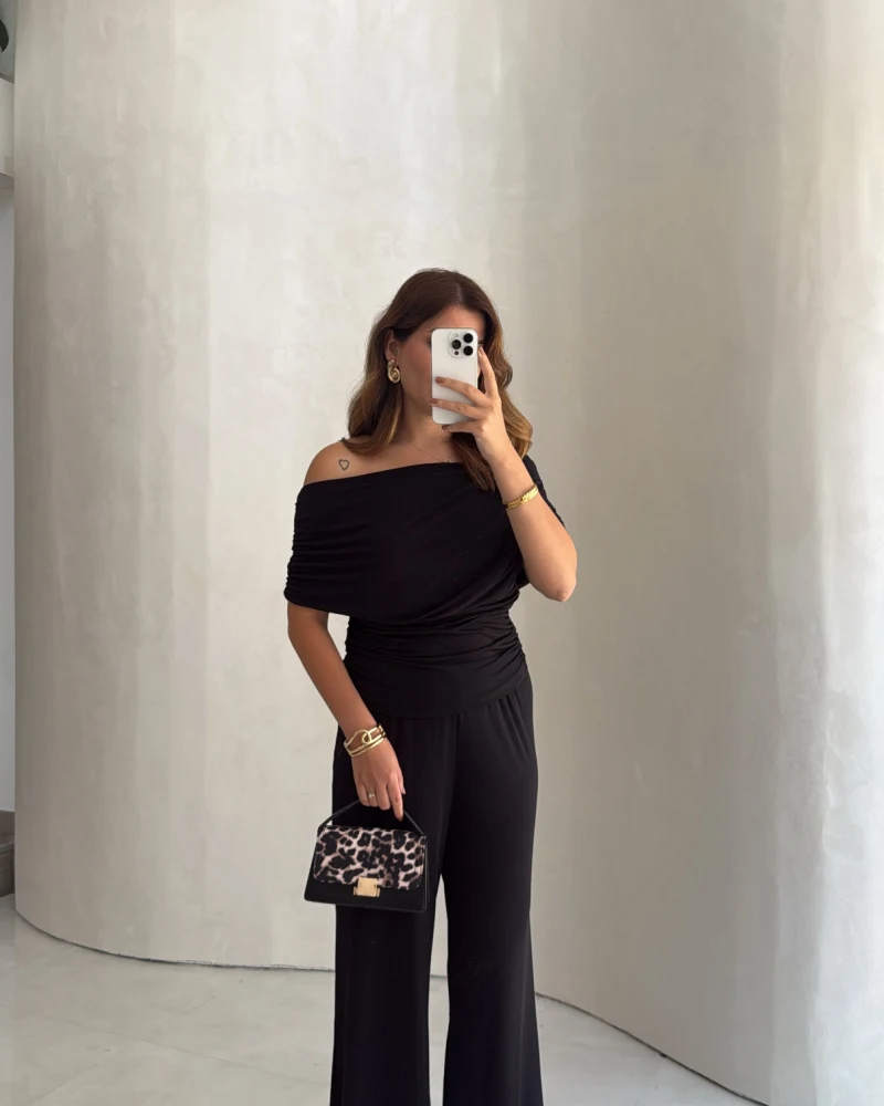 Büzgülü Bluz Pantolon Takım - Siyah - Kod: 905388
