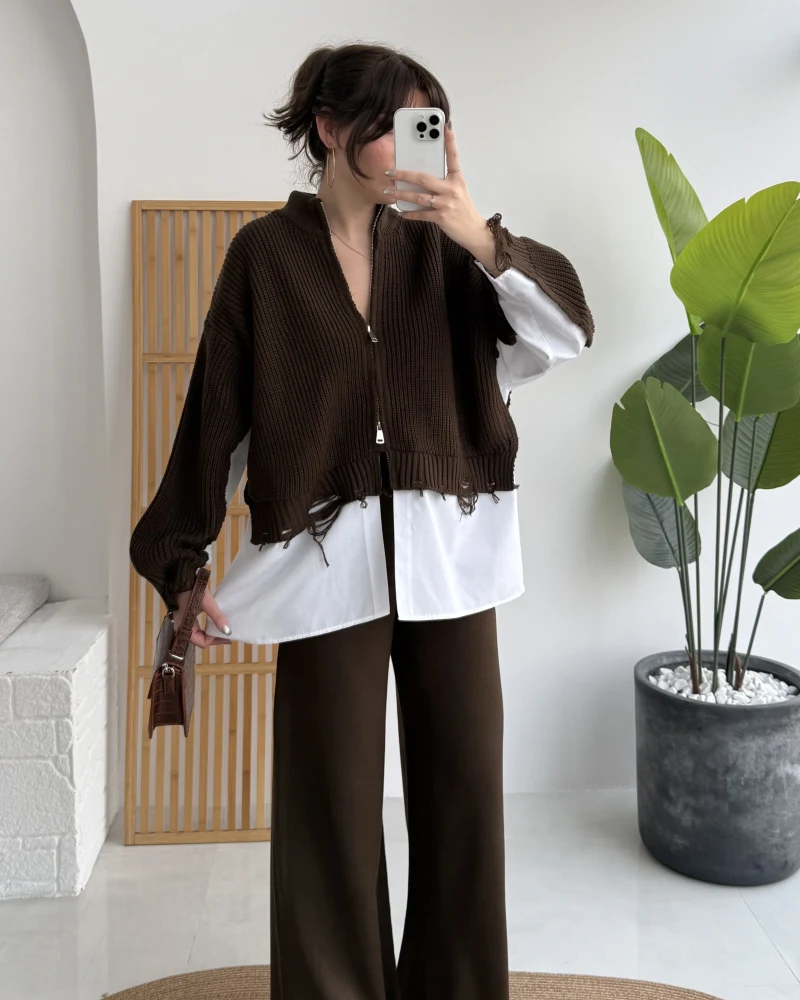 Calliope Gömlek Detay Hırka Takım - Acı Kahve