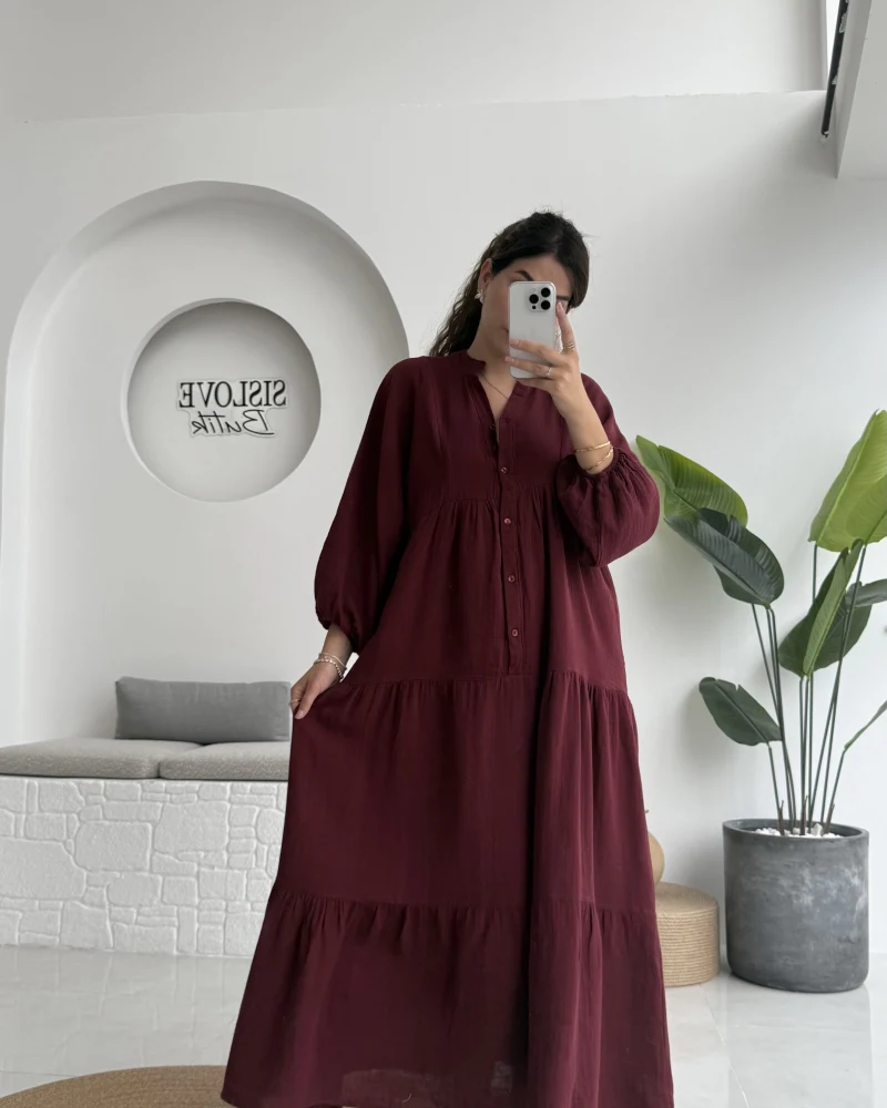 Cande Müslin Uzun Elbise - Bordo - 3007