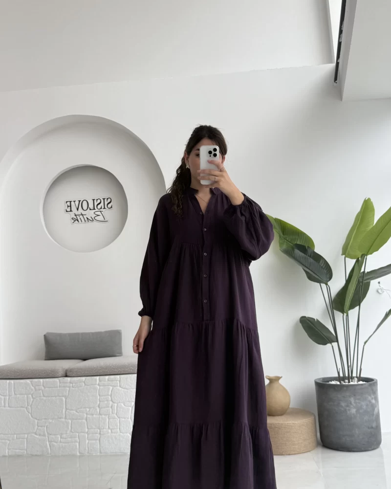 Cande Müslin Uzun Elbise - Mürdüm - 3007