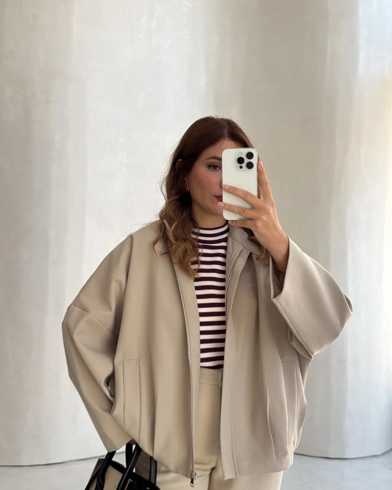 Carlotta Pileli Bomber Ceket - Taş - Kod: 7781
