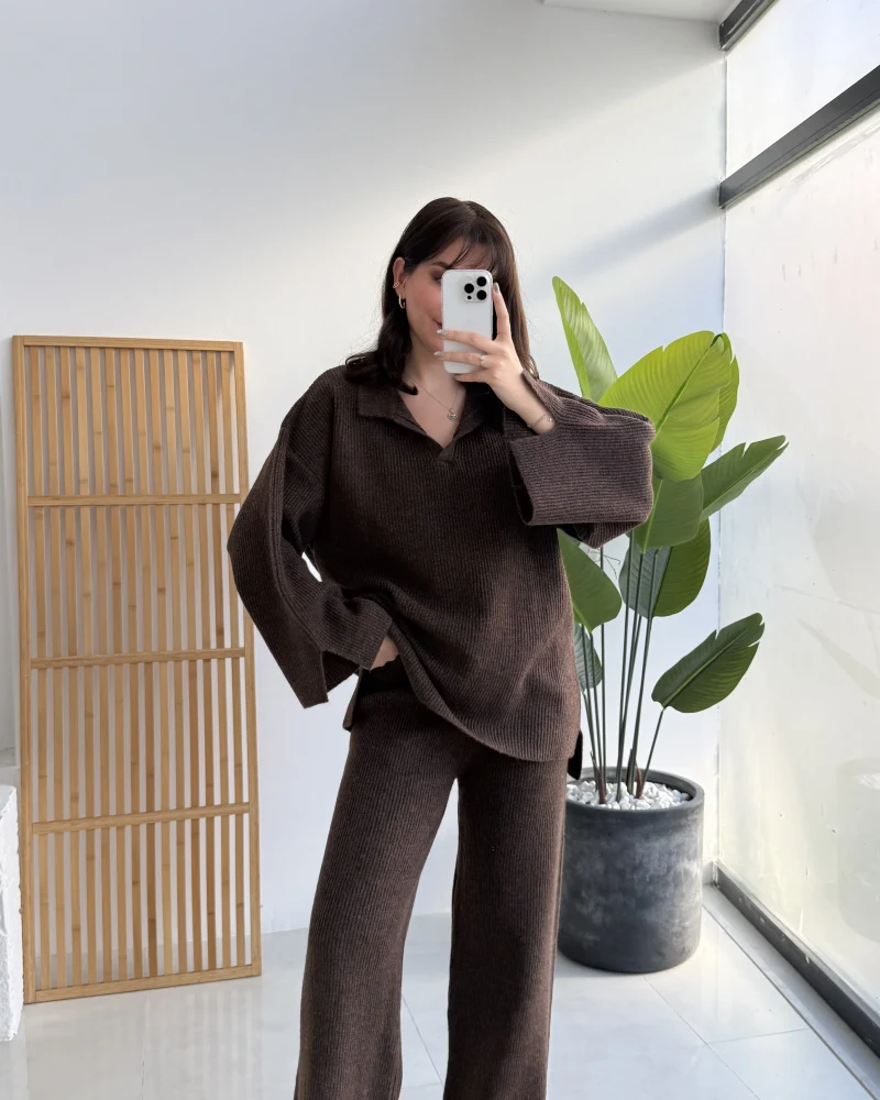 Carly Polo Yaka Triko Takım - Acı Kahve