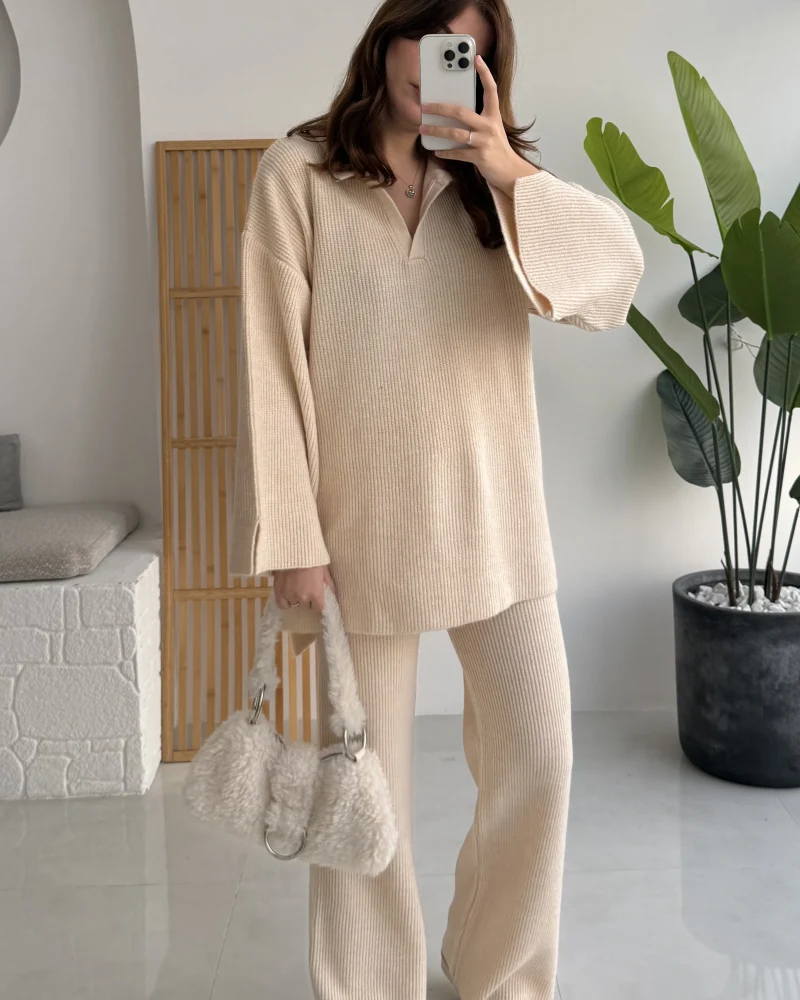 Carly Polo Yaka Triko Takım - Ekru