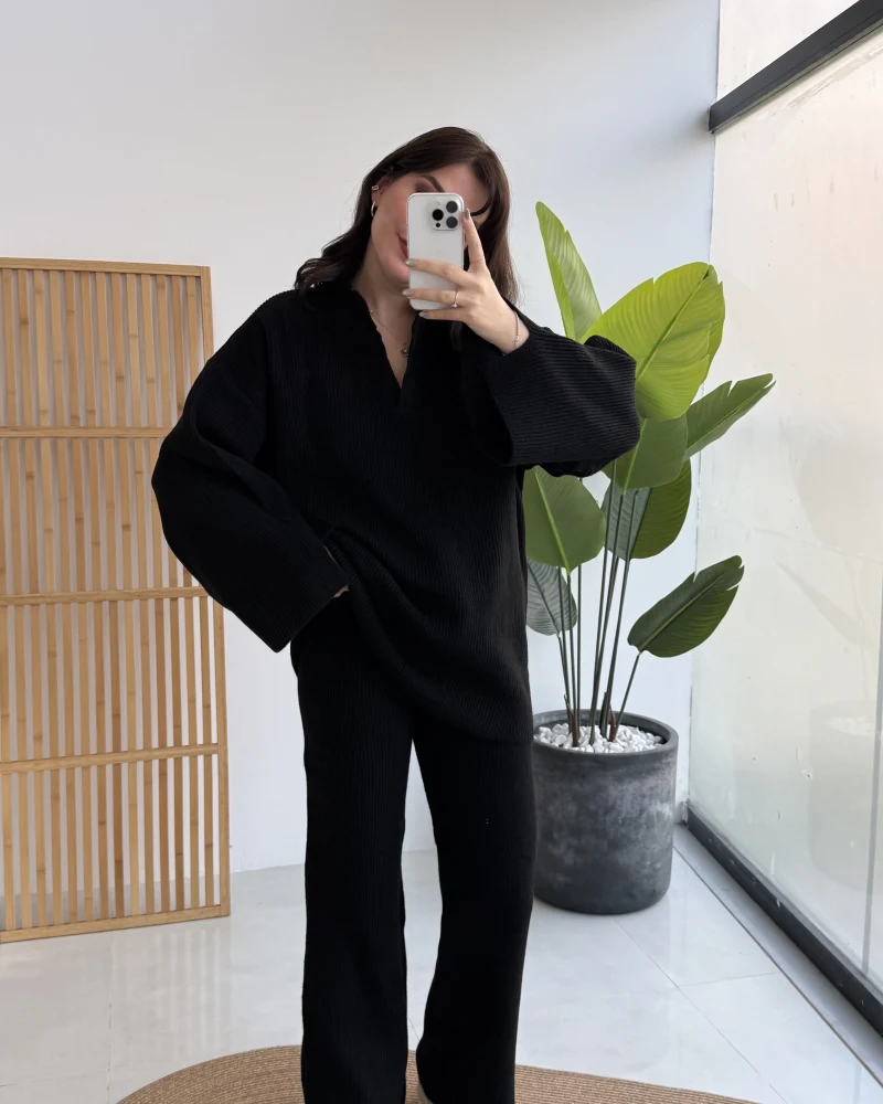 Carly Polo Yaka Triko Takım - Siyah