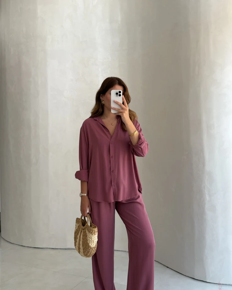Celine Modal Bol Paça Gömlek Takım - Gül Kurusu - Kod: 7112