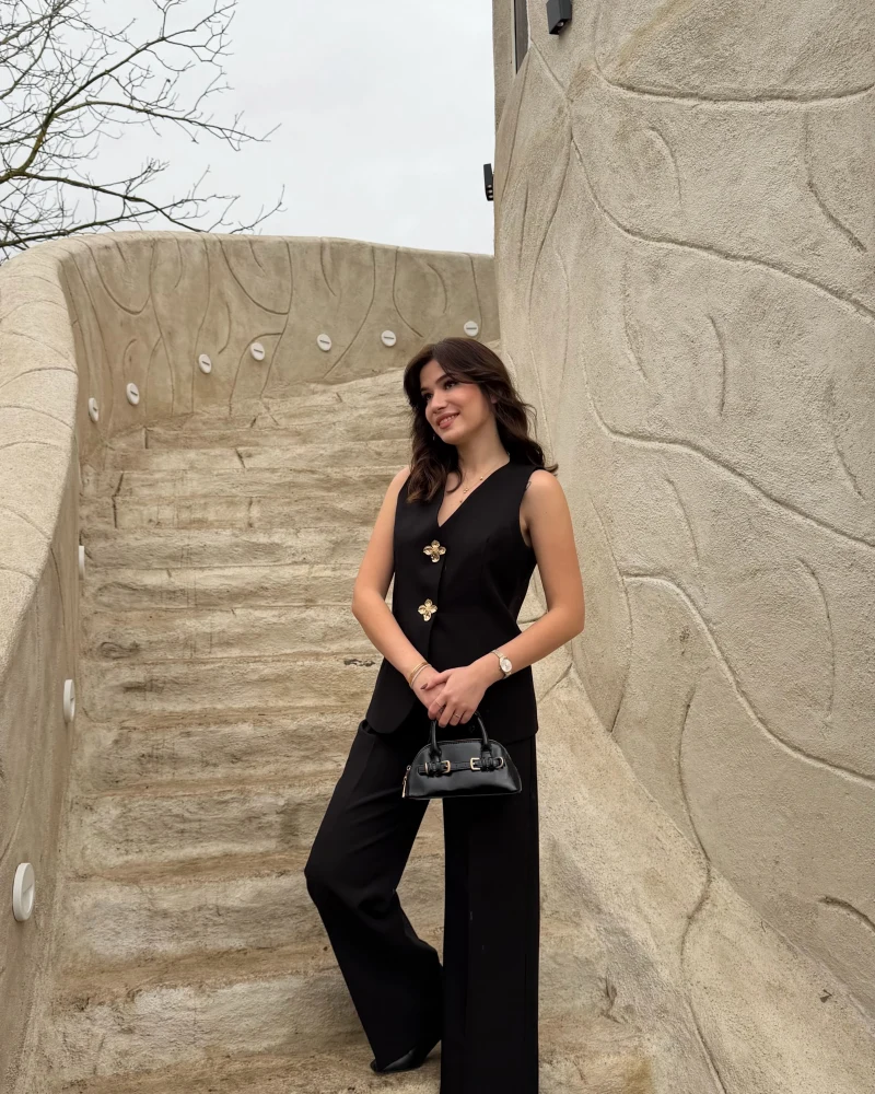 Çiçek Düğmeli Yelek Takım - Siyah - Kod: 8888