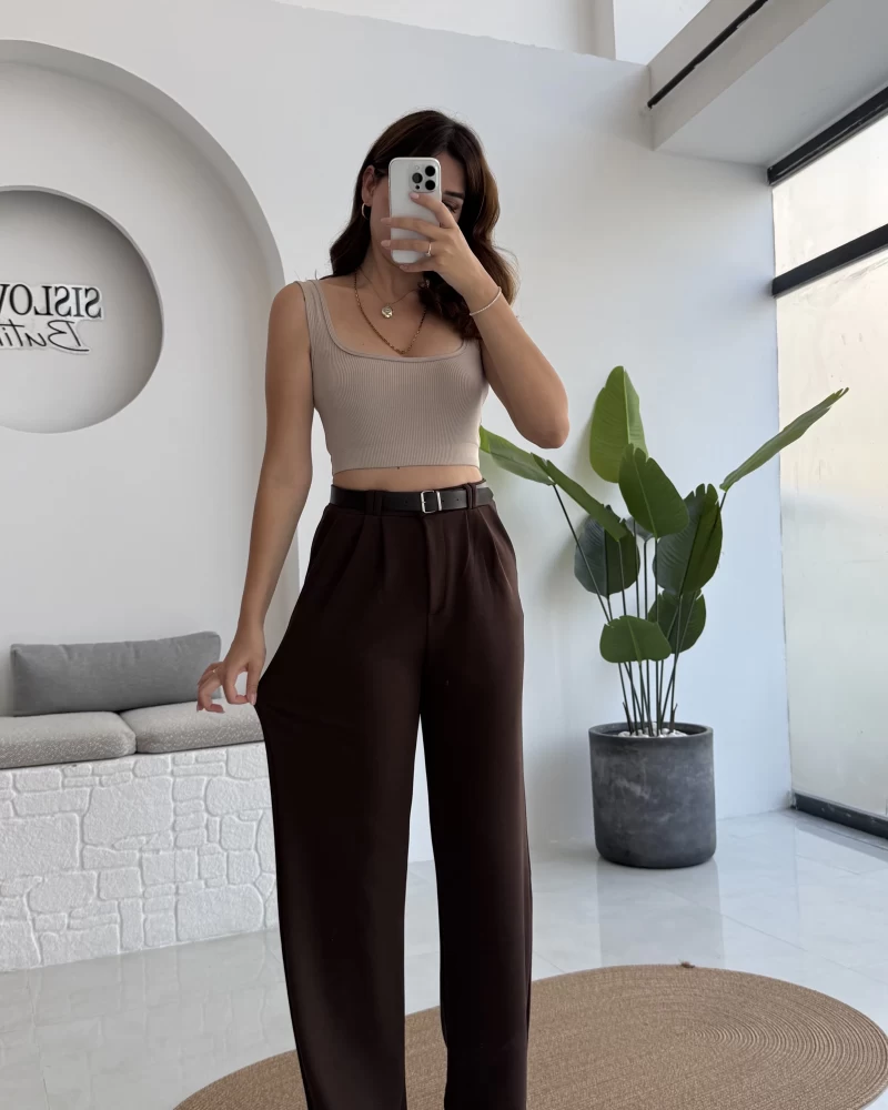 Çift Pile Detay Kemerli Örme Pantolon - Acı Kahve