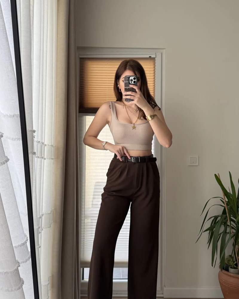 Çift Pile Detay Kemerli Örme Pantolon - Acı Kahve