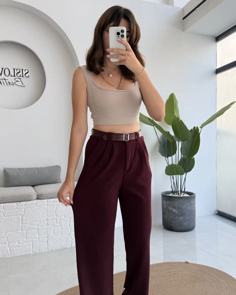 Çift Pile Detay Kemerli Örme Pantolon - Bordo