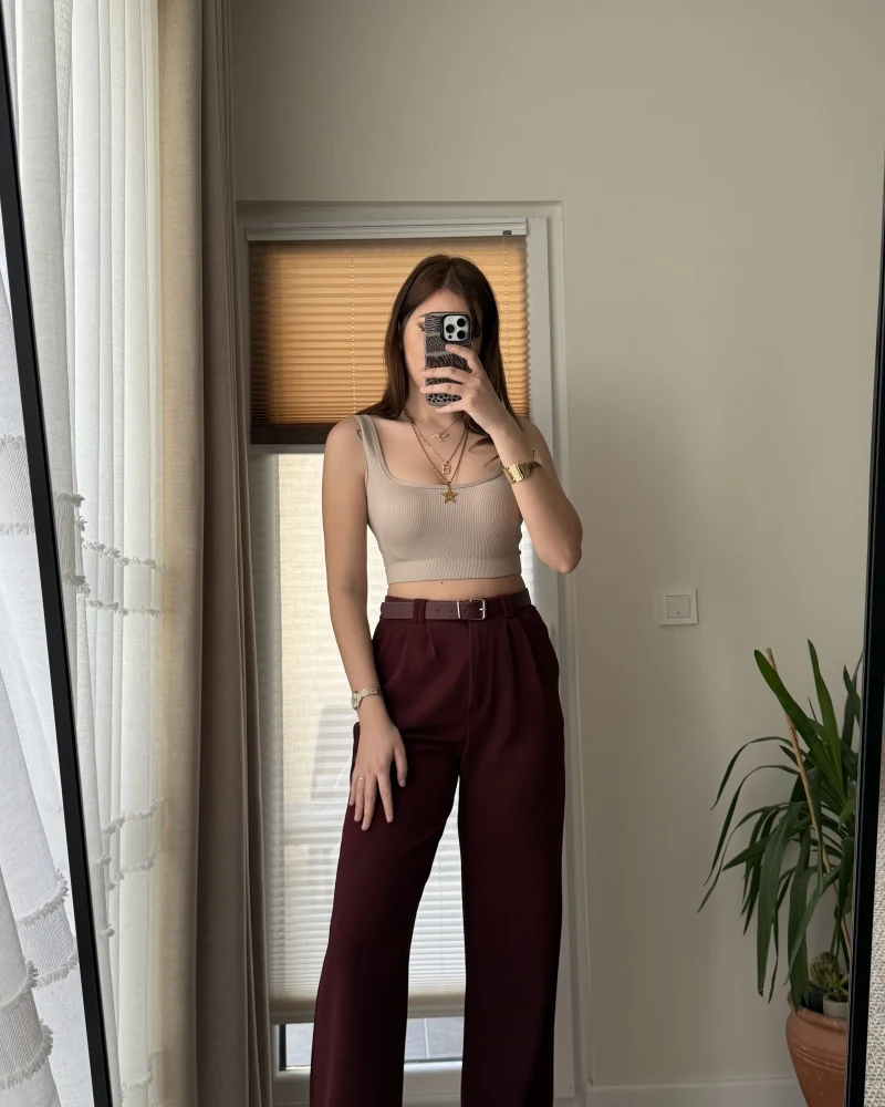 Çift Pile Detay Kemerli Örme Pantolon - Bordo