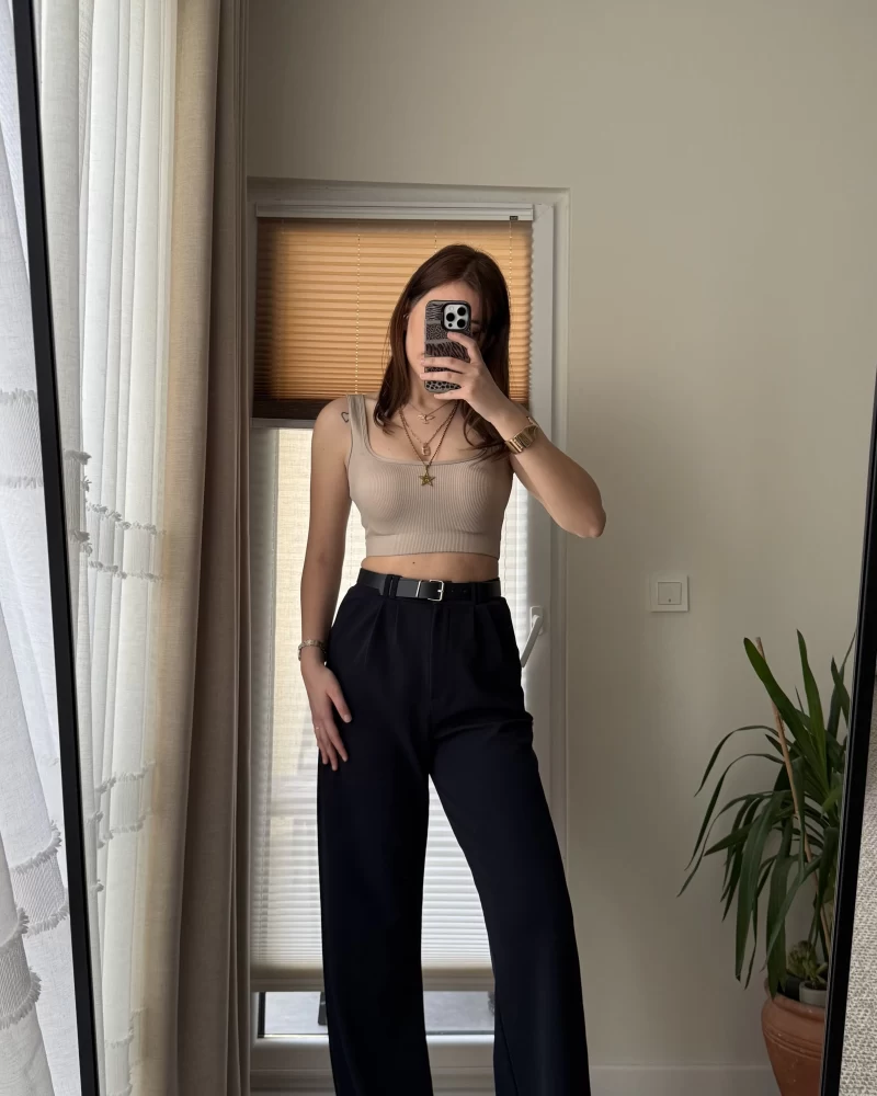 Çift Pile Detay Kemerli Örme Pantolon - Lacivert