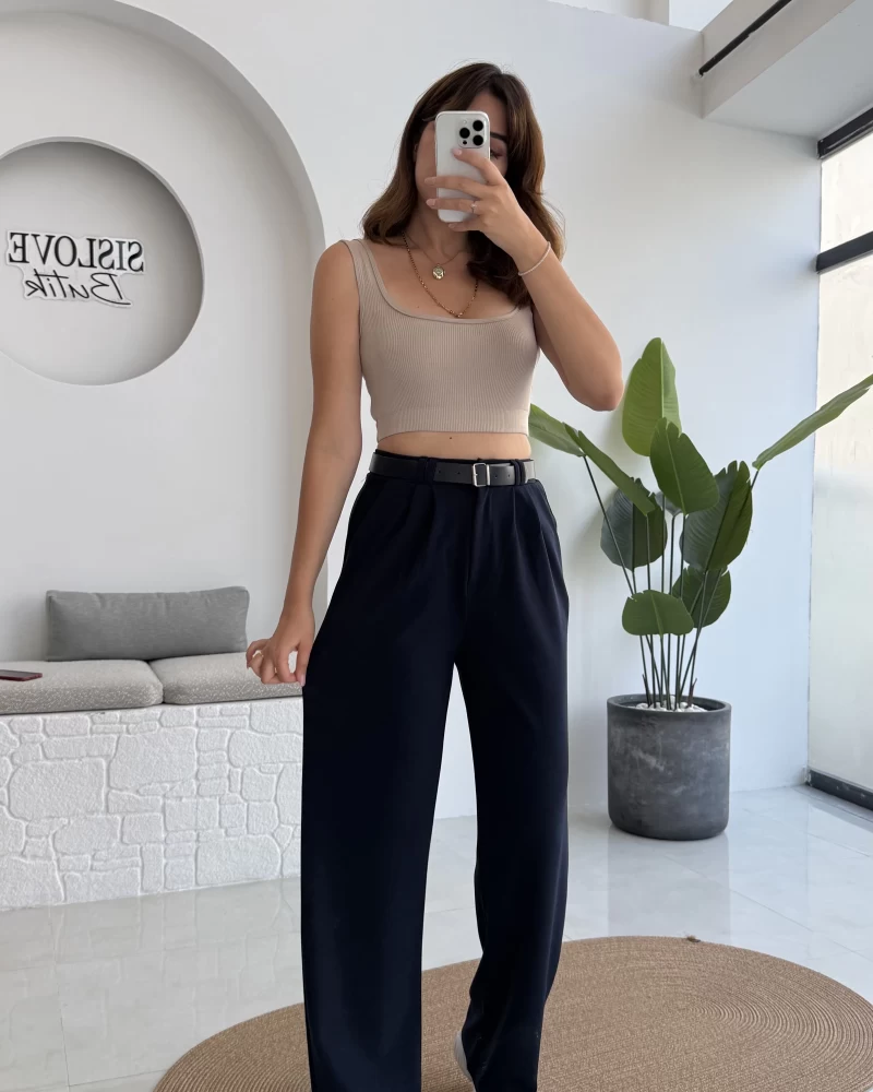 Çift Pile Detay Kemerli Örme Pantolon - Lacivert