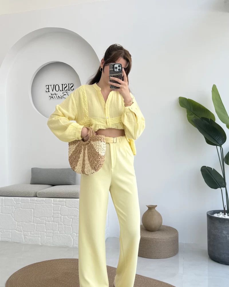 Çift Pile Detay Kemerli Örme Pantolon - Sarı