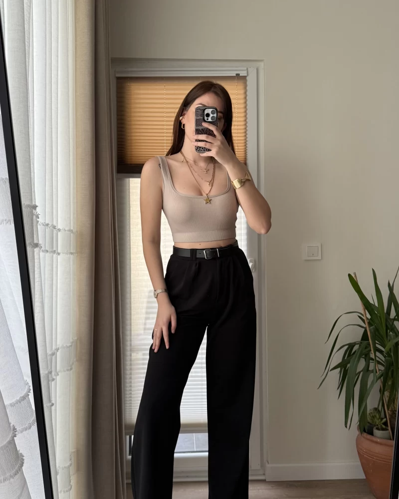 Çift Pile Detay Kemerli Örme Pantolon - Siyah