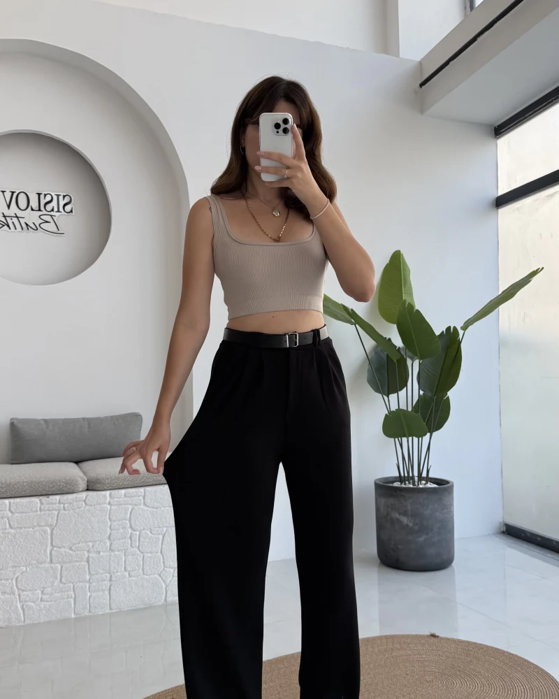 Çift Pile Detay Kemerli Örme Pantolon - Siyah
