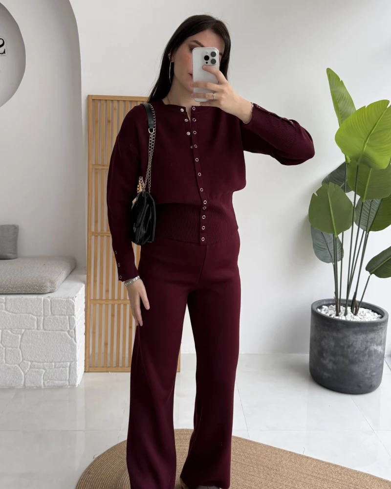 Çıt Çıt Düğme Detay Triko Takım - Mürdüm