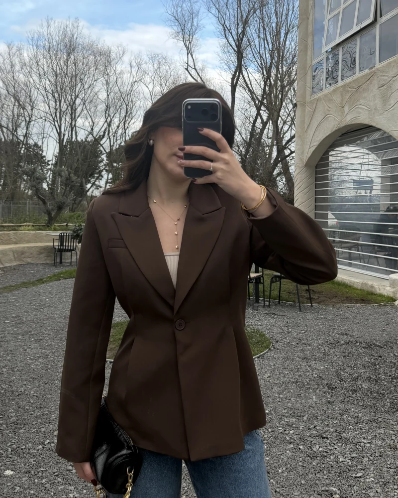 Clarıssa Pileli Tek Düğmeli Blazer Ceket - Acı Kahve - Kod: 4157