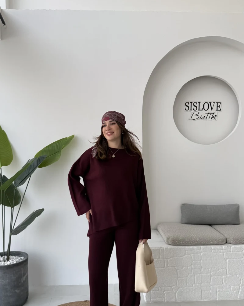 Cleo Asimetrik Kesim Triko Takım - Bordo - Kod: 04586