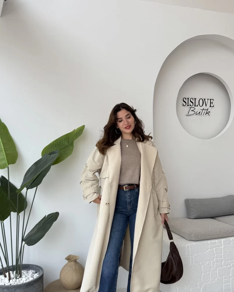Cool Kuşaklı Cepli Trençkot Açık Taş Kod: 9419