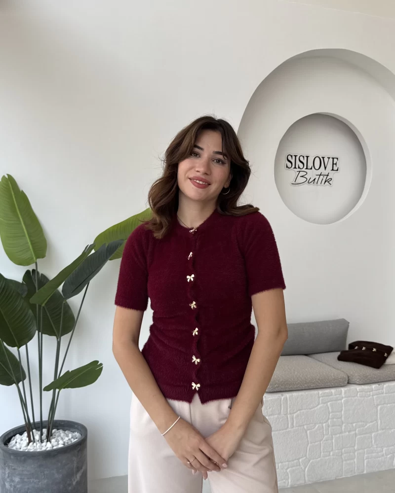 Coquette Kurdele Düğmeli Hırka - Bordo - 25033