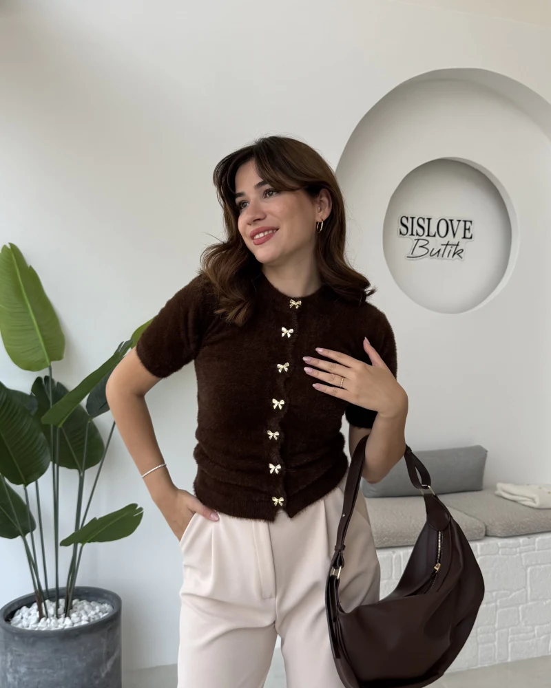 Coquette Kurdele Düğmeli Hırka - Kahverengi - 25033