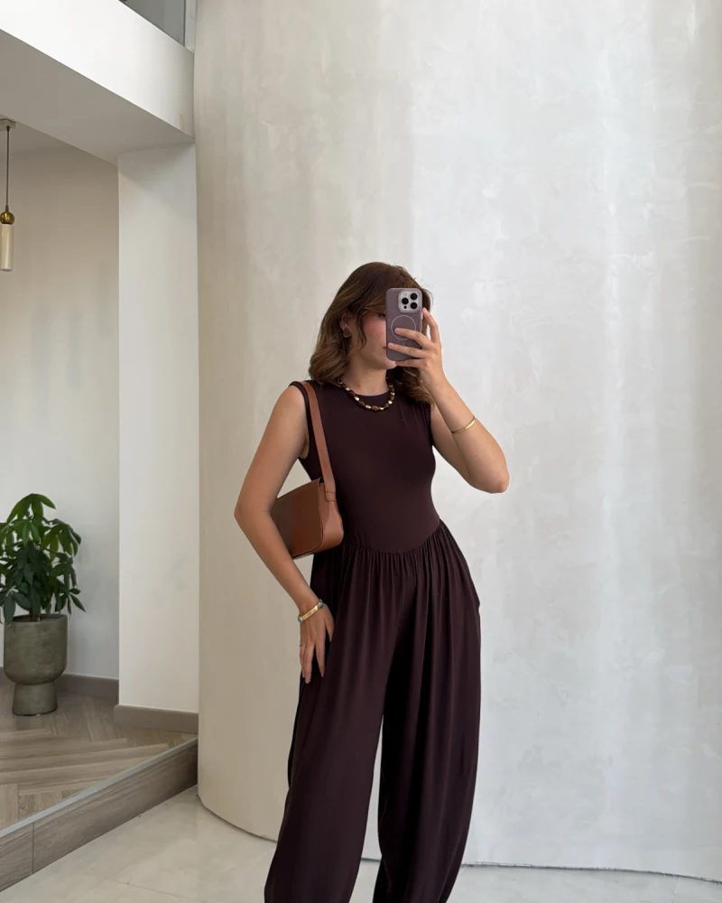Coquette Sıfır Kol Tulum - Kahve - Kod: 4144