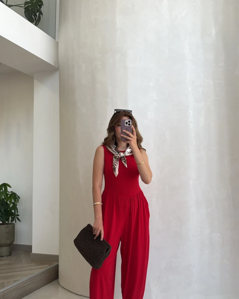 Coquette Sıfır Kol Tulum - Kırmızı - Kod: 4144