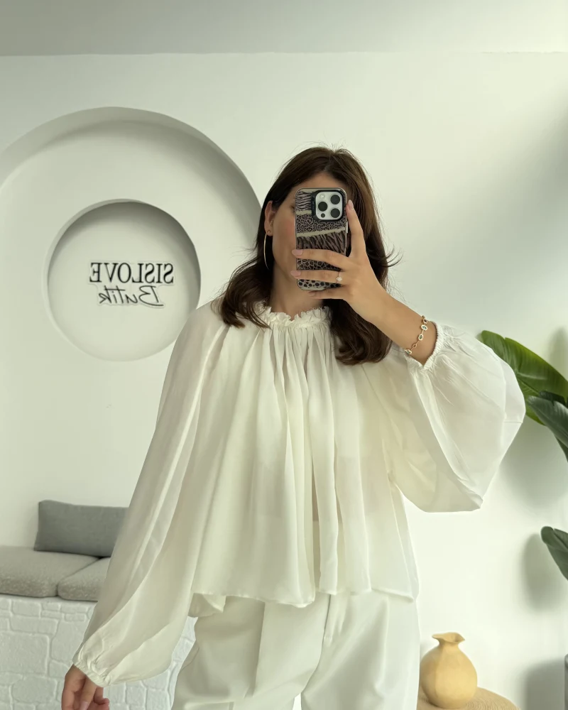 Crema Tül Bluz - Beyaz - 4959