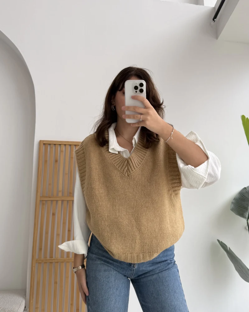 Daisy V Yaka Süveter - Camel - Kod: 04583