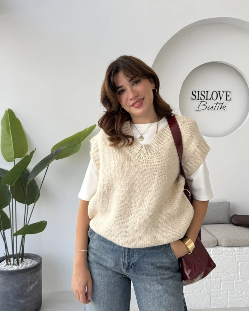 Daisy V Yaka Süveter - Taş - Kod: 04583
