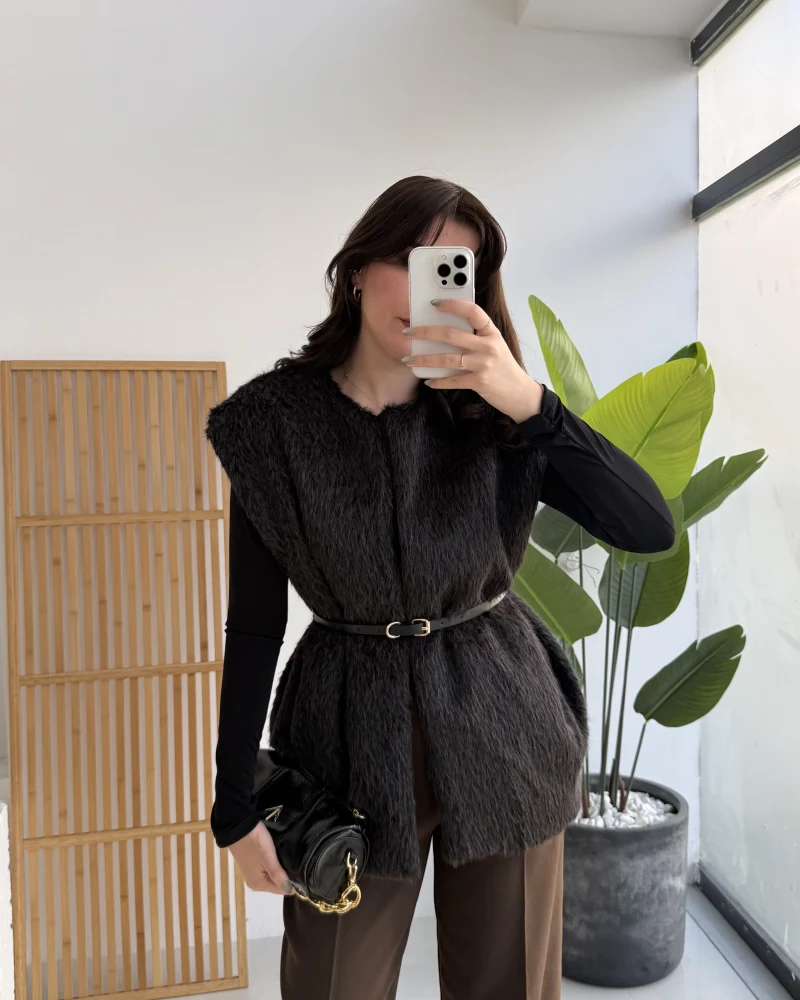 Daniella Kemerli Peluş Yelek - Siyah - Kod: 25500
