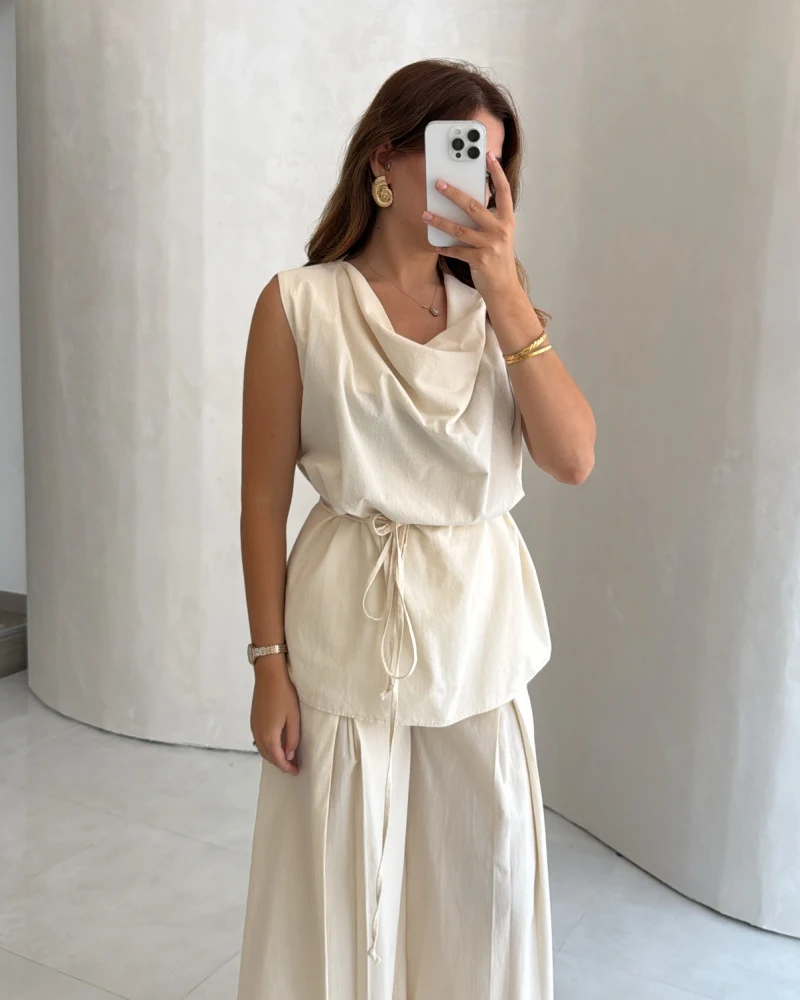 Degaje Yaka Bağcıklı Takım - Natural - Kod: 9159