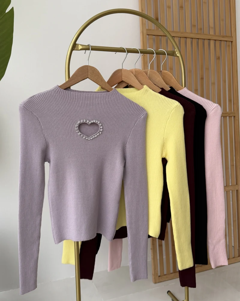 Dekolteli Kalp Detay Taşlı Triko Body - Lila - Kod: 4810