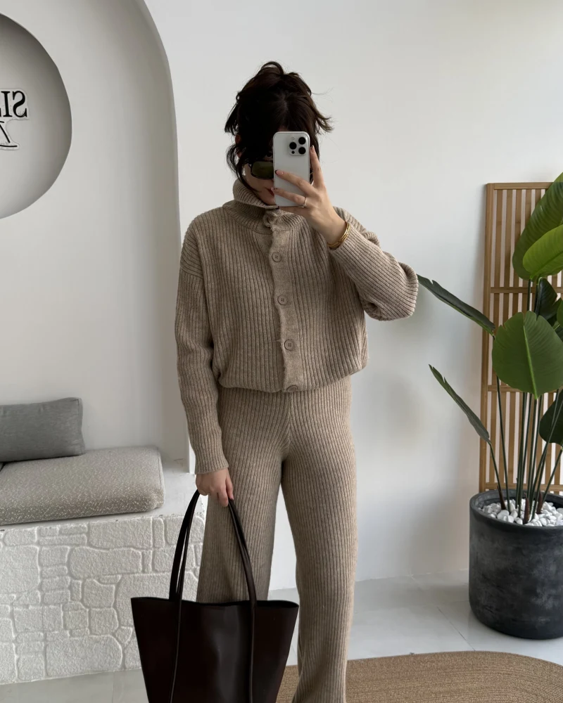 Delaney Boğazlı Triko Hırka Takım - Vizon