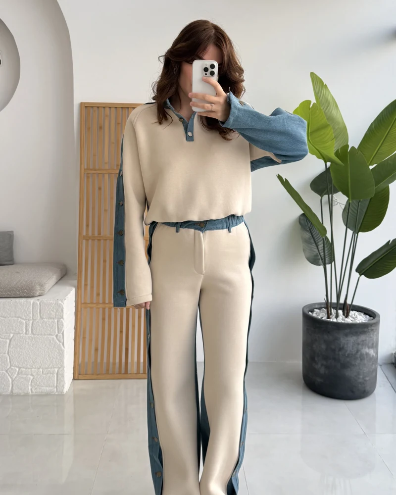 Denim Detaylı Şardonlu Sweatshirt Eşofman Takım - Bej