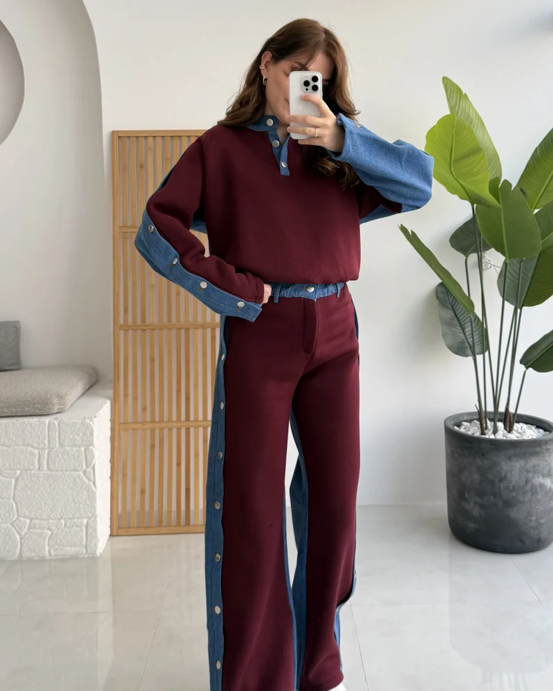 Denim Detaylı Şardonlu Sweatshirt Eşofman Takım - Bordo