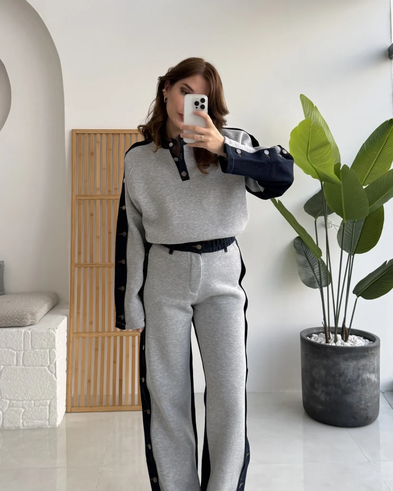 Denim Detaylı Şardonlu Sweatshirt Eşofman Takım - Gri