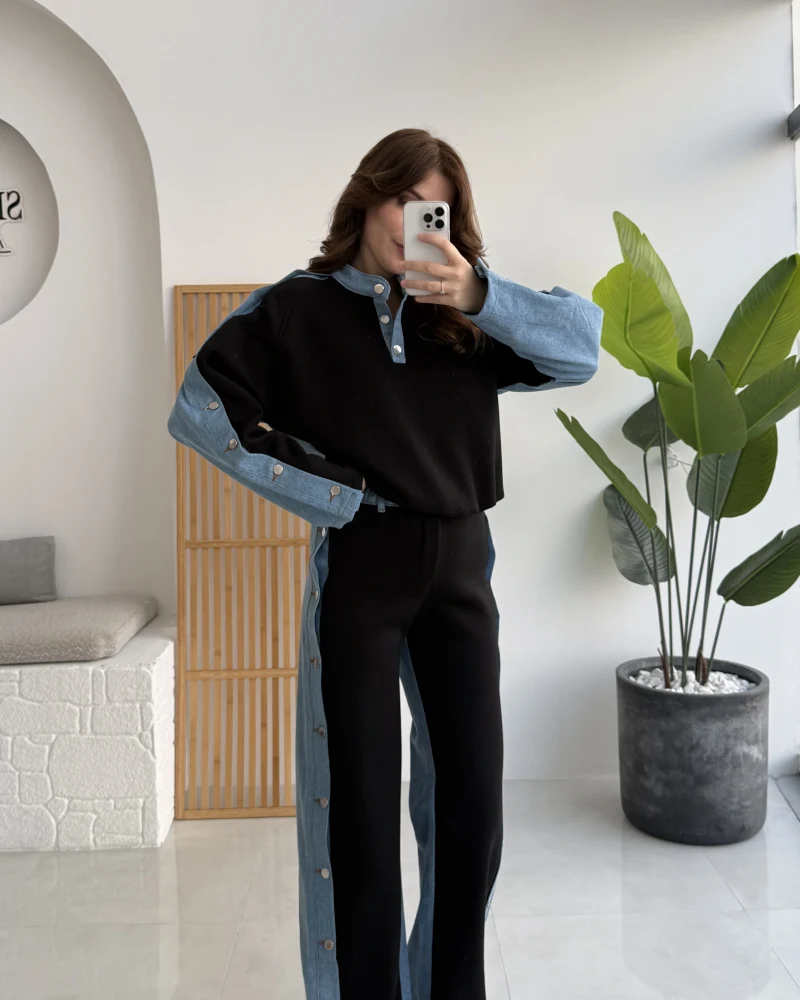 Denim Detaylı Şardonlu Sweatshirt Eşofman Takım - Siyah