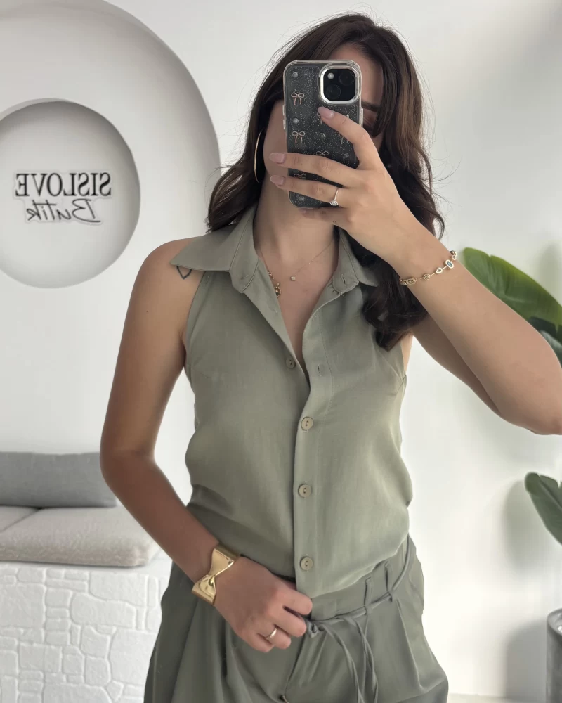 Derpy Sıfır Kol Boyundan Geçmeli Bluz - Yeşil - 5354