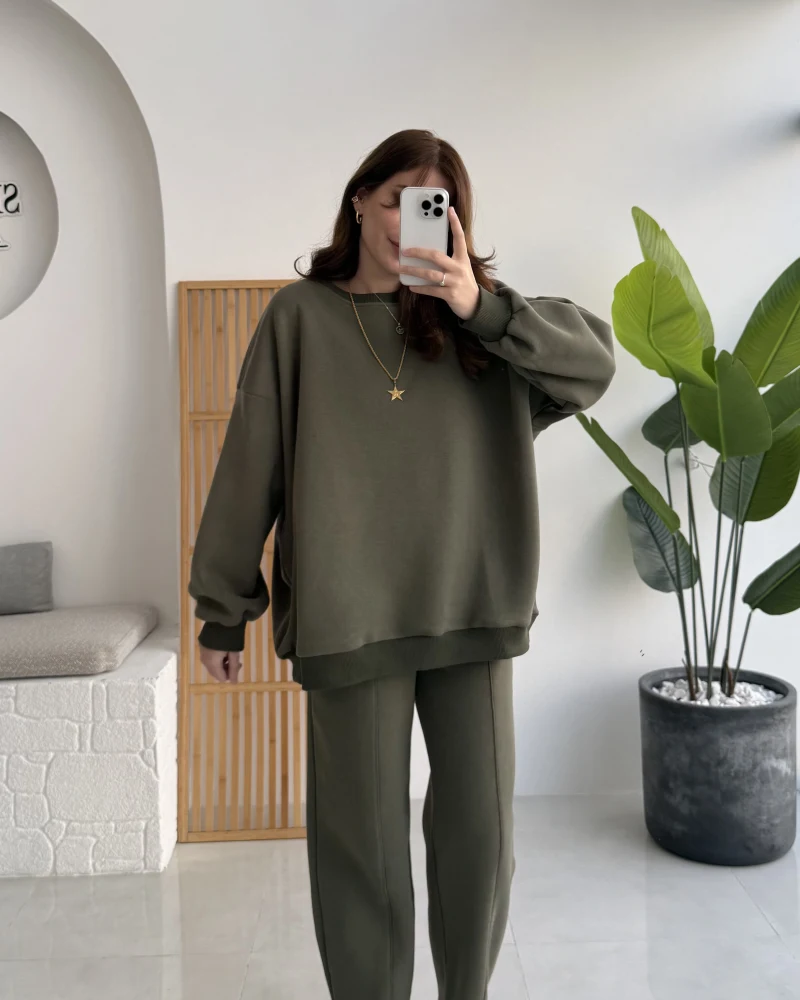 Devin Sweatshirt Eşofman Takımı - Haki - Kod: 25602